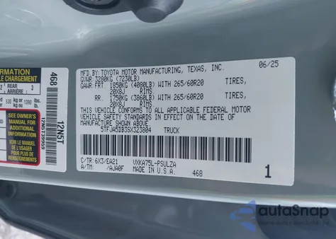 2025 Toyota Tundra Limited 4Wd from USA, damaged, VIN 5TFJA5DB3SX323804